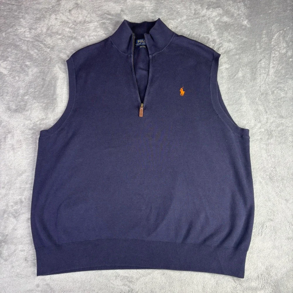 Polo Ralph Lauren Sweater Vest Men XL Navy Blue Pima Cotton Quarter Zip PonyLogo